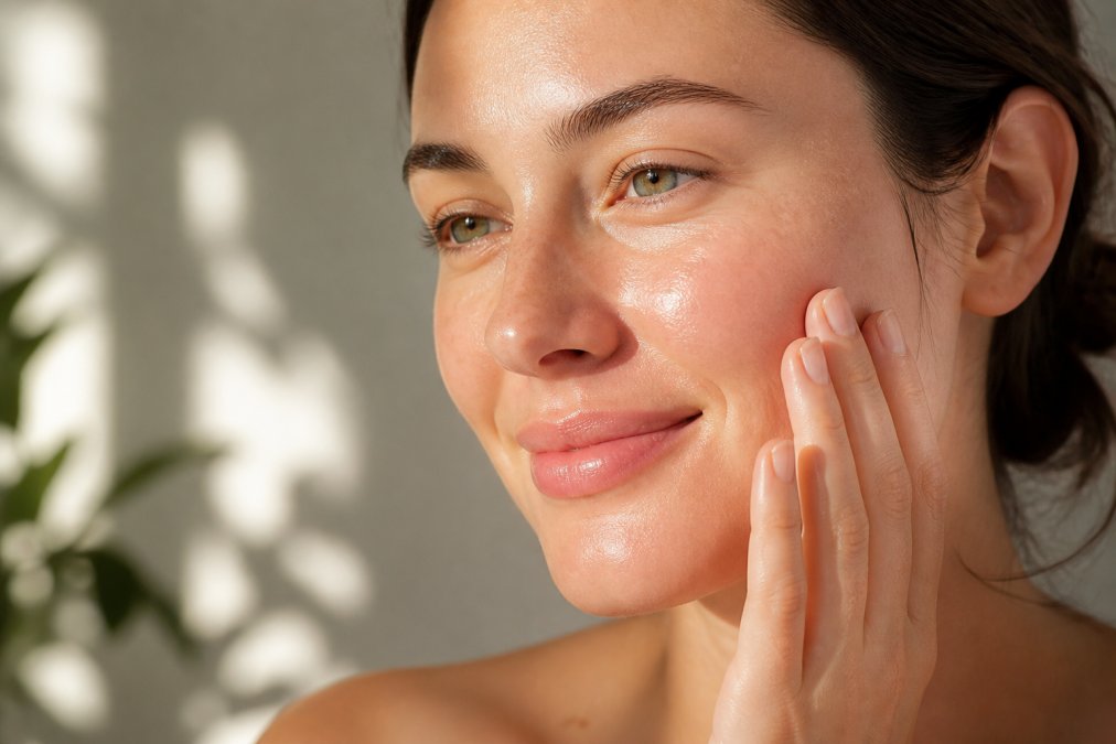 Close-up of healthy, radiant skin with visible hydration and smooth texture, natural morning light highlighting skin plumpness and glow