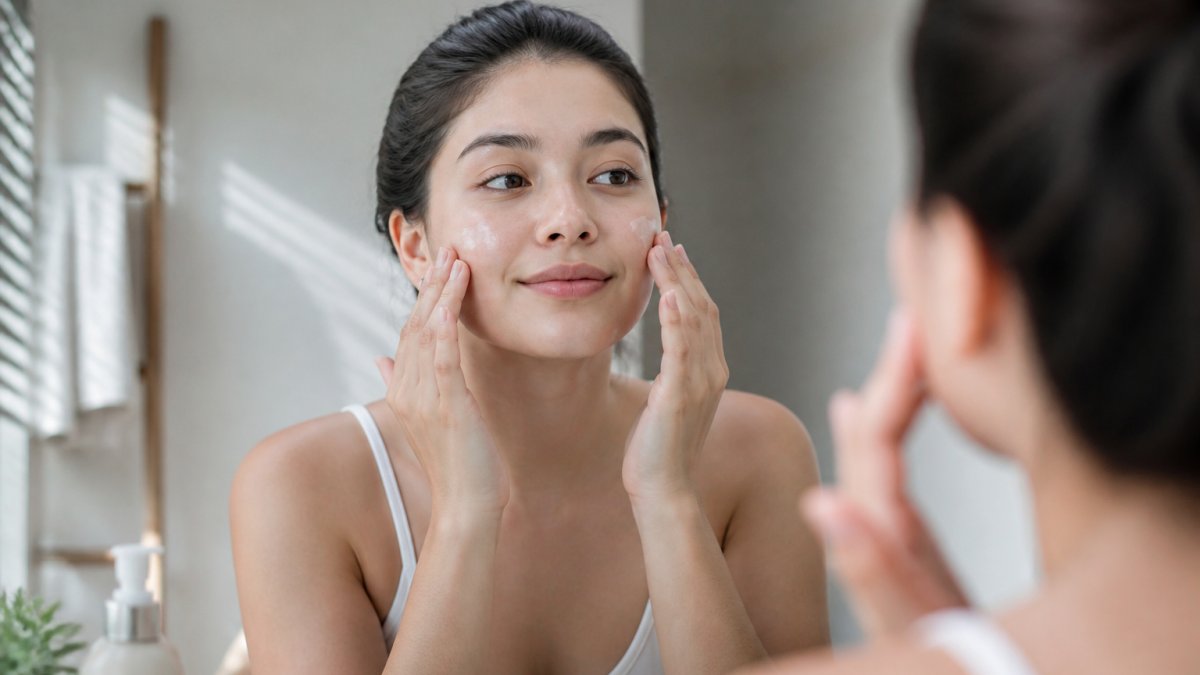Person gently patting lightweight ceramide moisturizer into clean skin with fingertips in natural morning light, demonstrating proper application technique