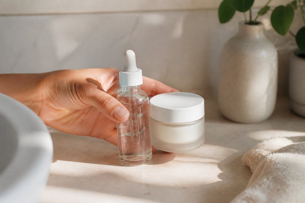 A person's hand holding a serum bottle and cream jar side by side on a bathroom counter, with soft morning light illuminating the skincare products and emphasizing texture