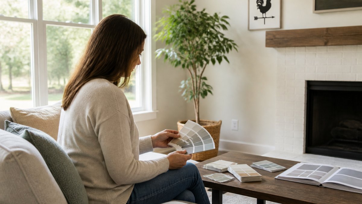 Homeowner reviewing paint swatches on a tablet to explore residential painting alternatives in a sunny living room.