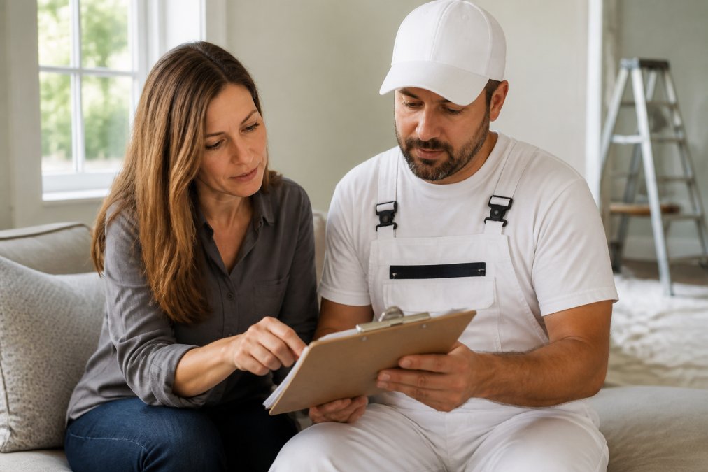 Homeowner and painting contractors reviewing a project estimate on a clipboard in a sunlit living room