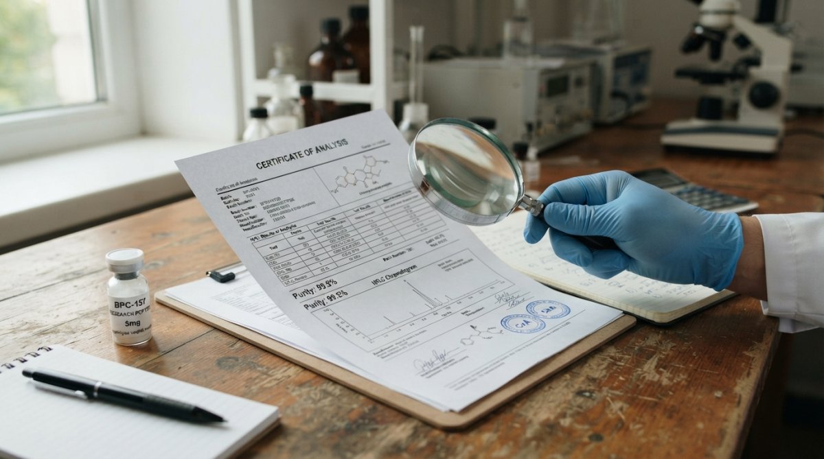 Quality control analyst examining a printed certificate of analysis at a laboratory workbench with magnifying glass and documentation, natural lighting from overhead lab fixtures