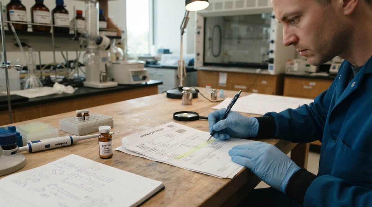 Close-up of a quality control professional reviewing a printed Certificate of Analysis at a laboratory workstation, with analytical equipment and test tubes visible in the background under bright overhead lighting