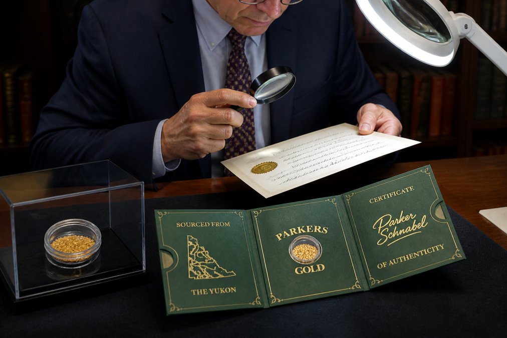 Professional appraiser examining a handwritten certificate of authenticity document with embossed gold seal next to a display case containing raw gold flakes under bright magnifying light