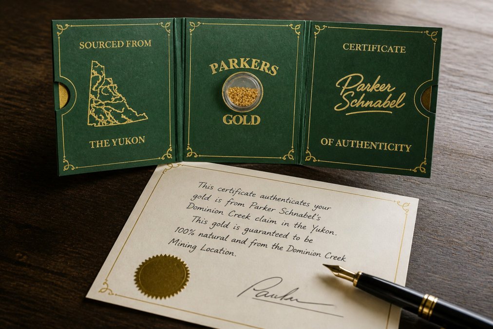 Close-up of a handwritten certificate of authenticity on cream-colored archival paper with embossed gold seal, displayed next to a tri-fold case containing raw gold flakes, photographed on dark wood surface with natural side lighting