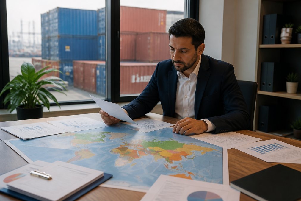 Business professional reviewing international trade documents and a world map spread across a conference table, with shipping containers visible through a window in the background, warm office lighting