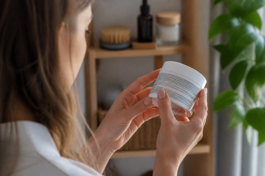 Close-up of a woman's hands holding a cosmetic cream jar, turning it to read the INCI ingredient list on the back label in soft natural light