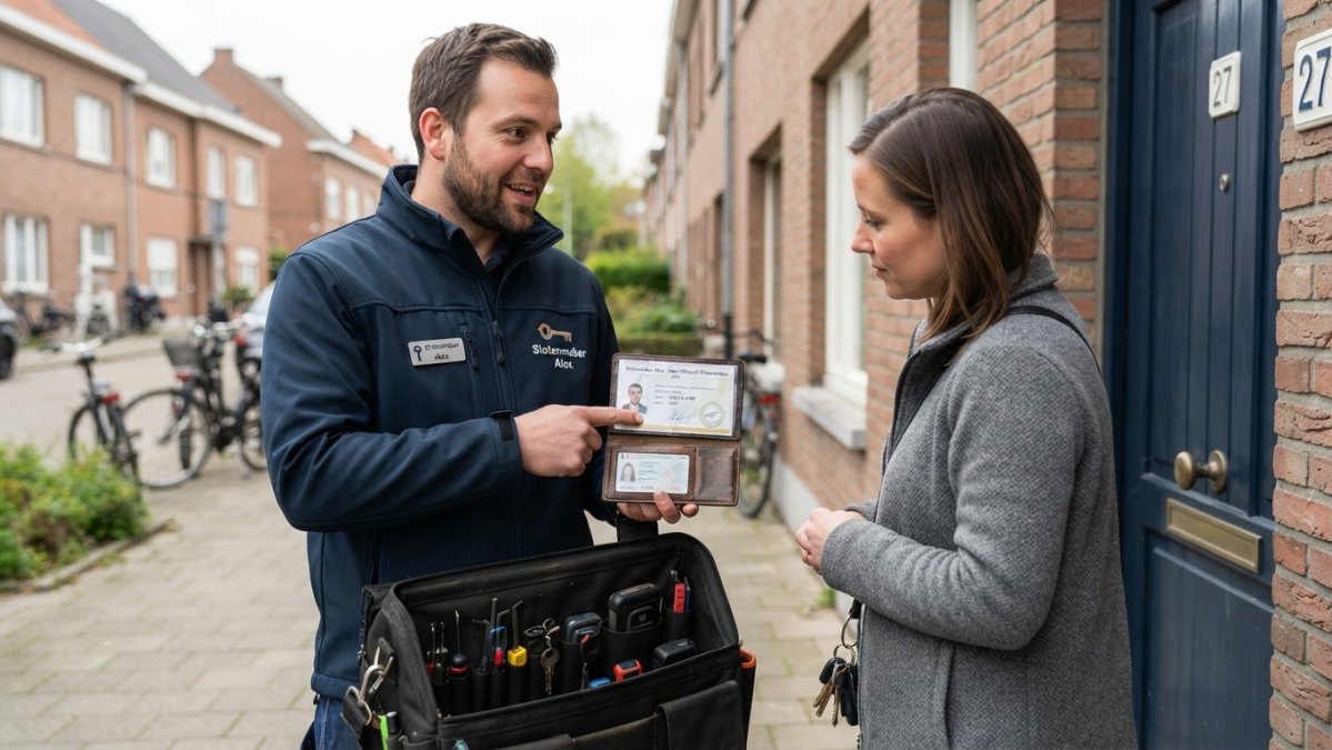 Close-up van een slotenmaker die een certificaat en legitimatiebewijs toont aan een klant bij een voordeur in een woonwijk, ochtendlicht, jas met gereedschapstas in de hand