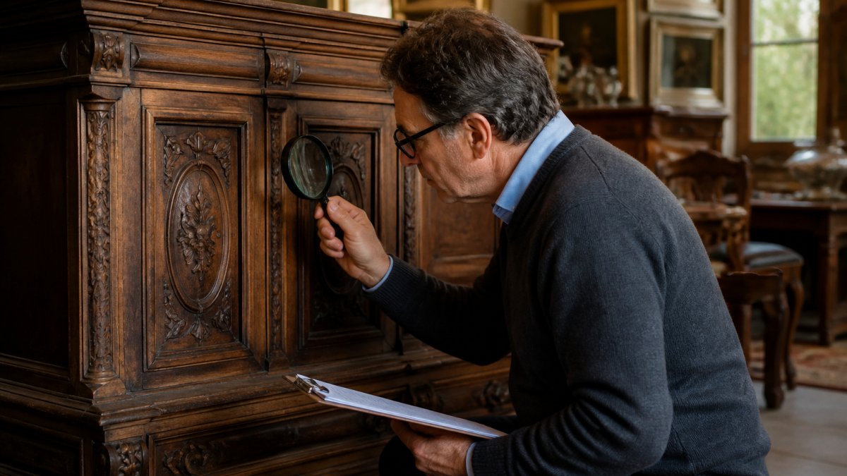 Appraiser examining intricate wooden carvings on an antique cabinet