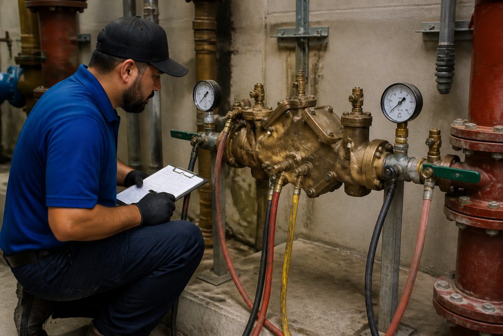 A certified backflow technician in uniform kneeling beside a commercial RPZ valve assembly with a clipboard and testing gauges, inspecting the device in a mechanical room
