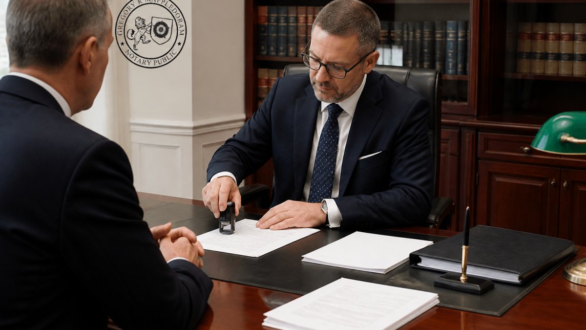 Notary public applying an official seal to certified company documents in a London office
