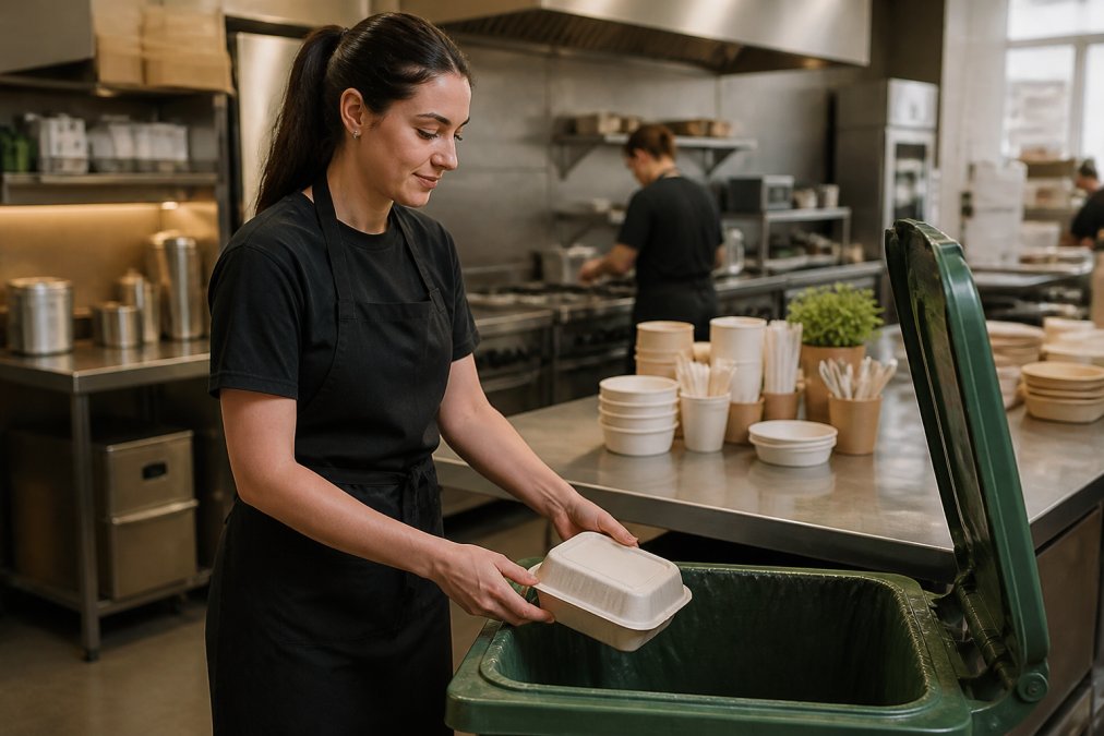 Cafe worker in a clean commercial kitchen placing a compostable clamshell takeaway container into a green FOGO bin, with branded plant-based packaging visible on a stainless steel bench in the background under warm overhead lighting