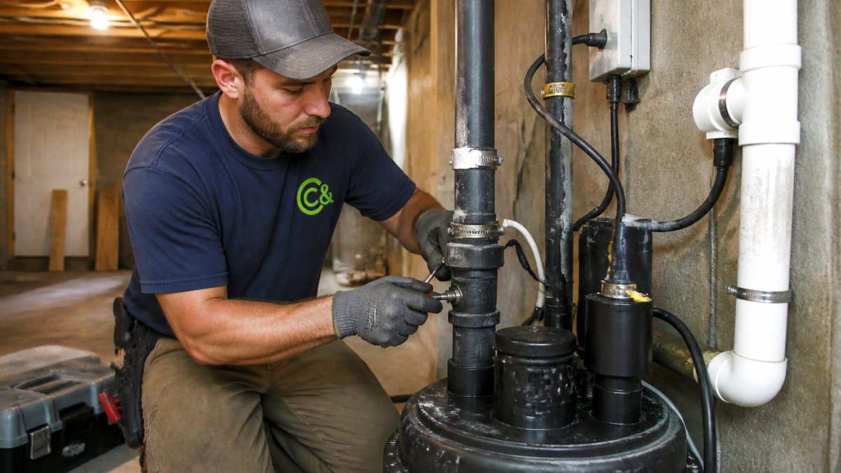 Professional technician installing a grinder pump station unit in a residential basement, connecting discharge piping and electrical components with precision tools, bright overhead lighting