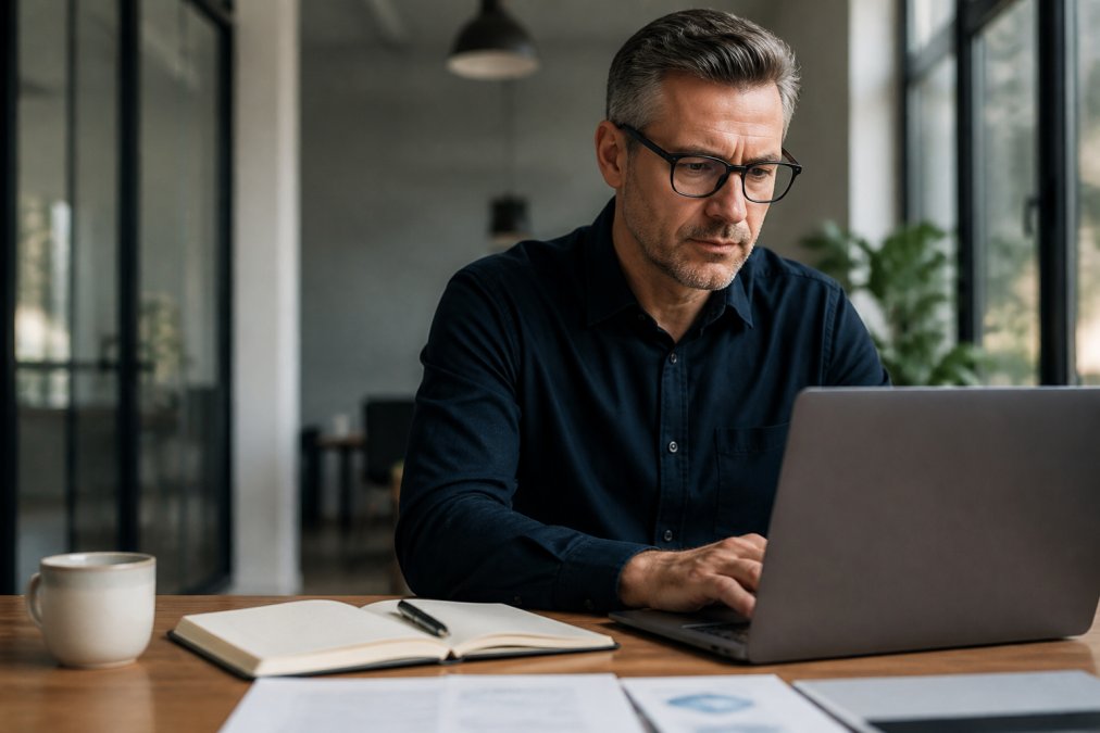 Focused executive reviewing materials on a laptop to become a certified executive coach in a modern office.