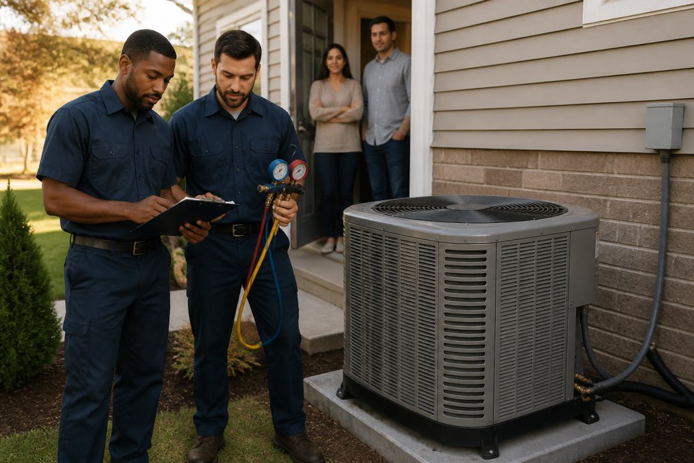 Technicians reviewing a new outdoor unit during a certified HVAC installation for homeowners