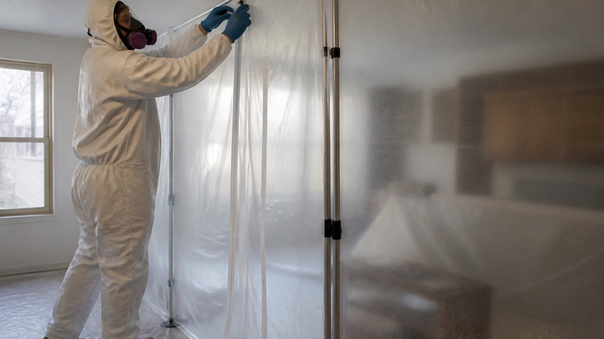 Certified lead abatement company in Virginia worker setting up containment barriers in a residential room