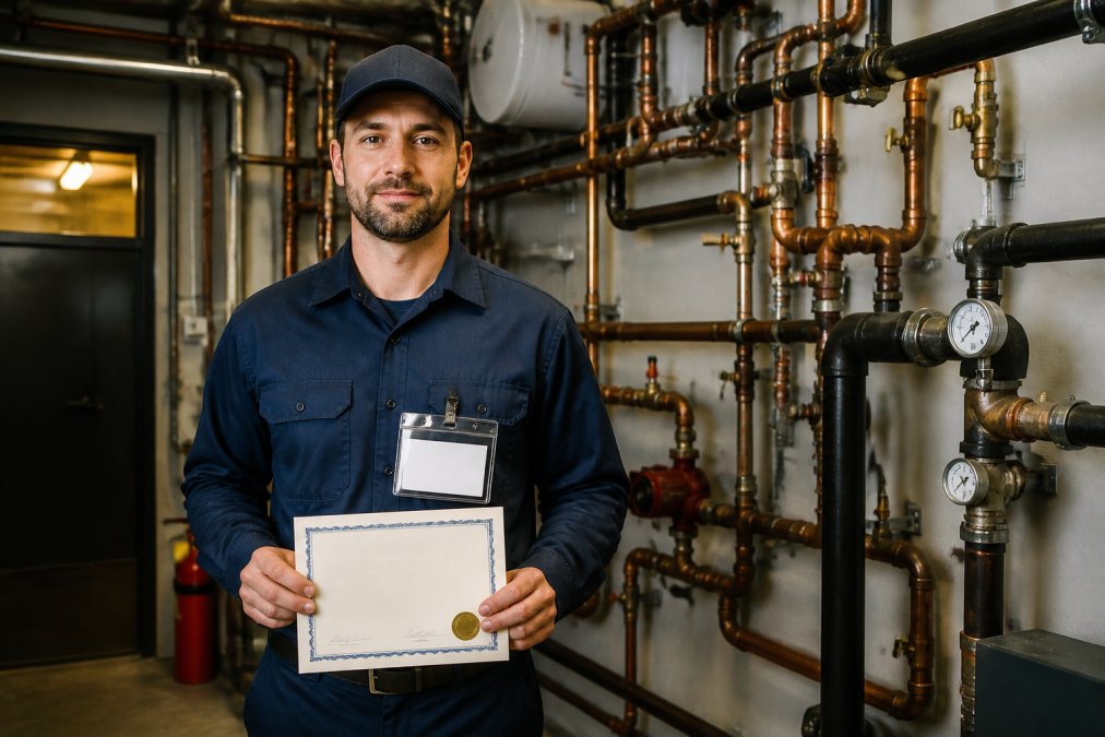 Professional plumber in uniform displaying current provincial license and specialized certifications for commercial plumbing while standing in front of a commercial building's mechanical room with visible piping infrastructure