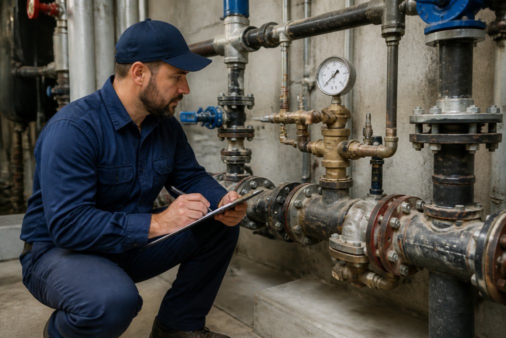 Licensed plumber performing systematic preventative maintenance inspection on commercial building's main water line and fixture connections, checking pressure gauges and documenting findings on clipboard in mechanical room