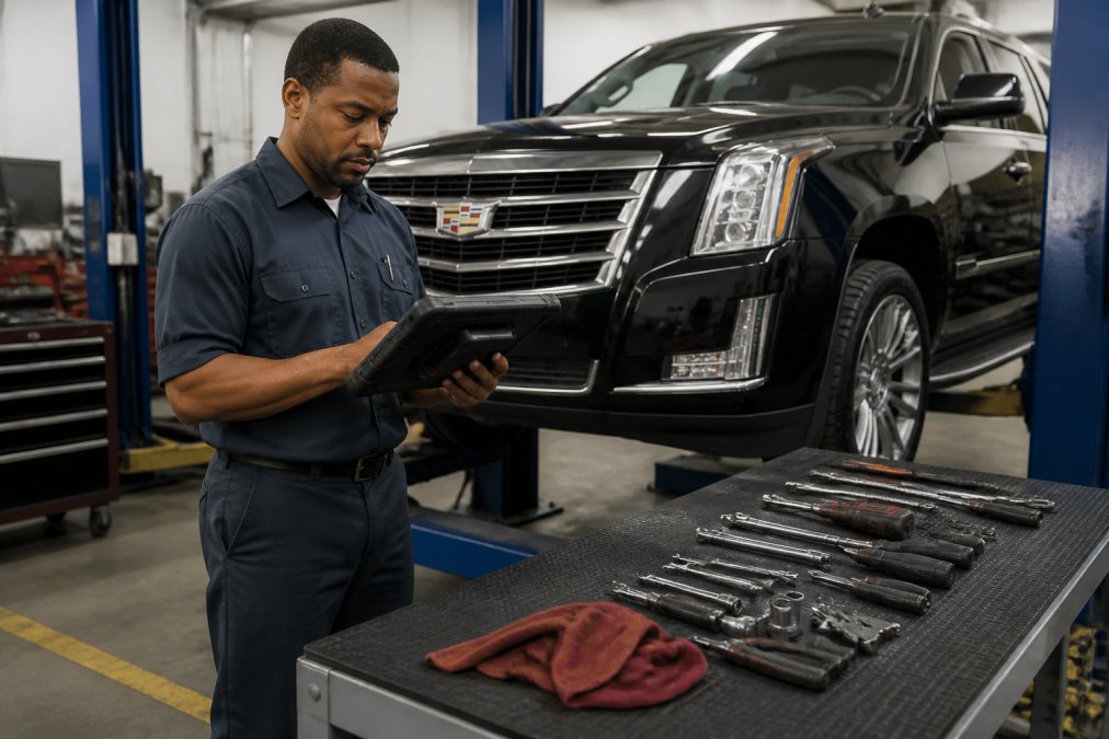A certified technician in a clean, well-lit auto repair shop using a digital diagnostic tablet next to a Cadillac SUV on a lift, with tools organized on a nearby workbench