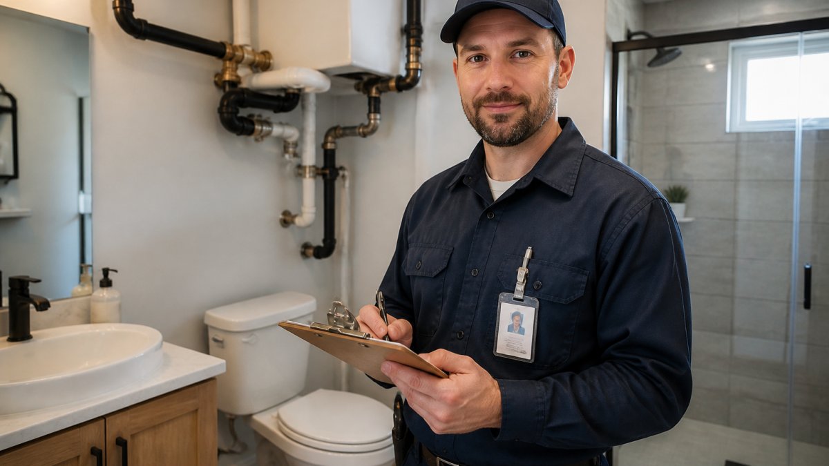 Professional plumber in uniform holding inspection clipboard and credentials, standing in a modern rental property bathroom with visible pipes and fixtures