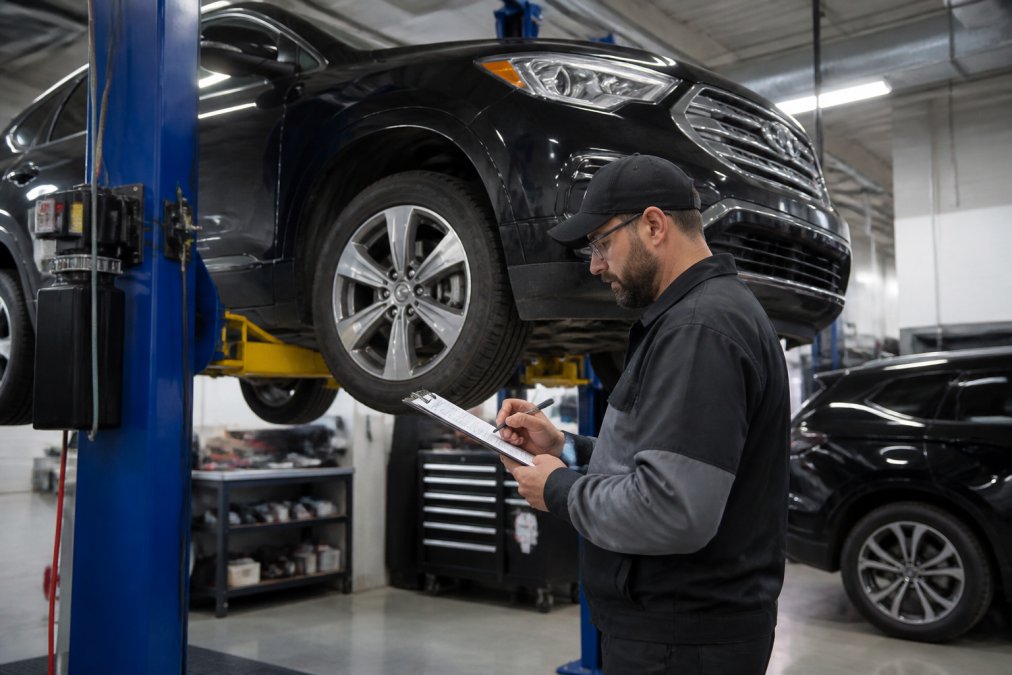 Technician performing a certified pre-owned inspection on an SUV in a modern dealership garage