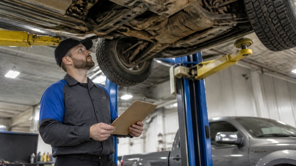 A certified technician in a dealership service bay inspecting the undercarriage of a pre-owned Ford truck on a lift, clipboard in hand, overhead shop lighting