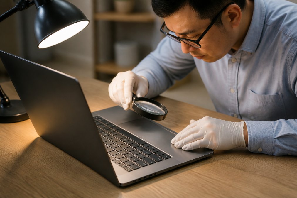 Person carefully inspecting a refurbished laptop keyboard and trackpad under bright desk lighting, examining the surface for minor scratches or cosmetic wear marks