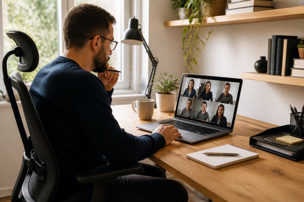 Remote worker sitting at home office desk using a refurbished laptop for video conferencing, with natural window lighting and ergonomic setup showing productive workspace