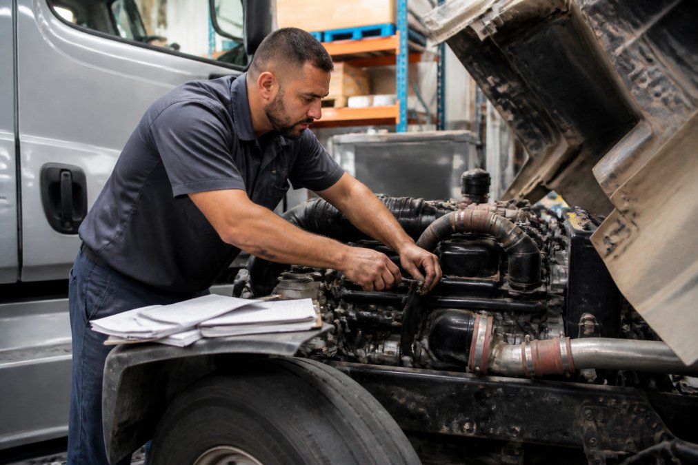Professional technician in shop uniform using diagnostic equipment on a diesel engine, with tools and technical documentation visible, demonstrating expertise in commercial truck systems