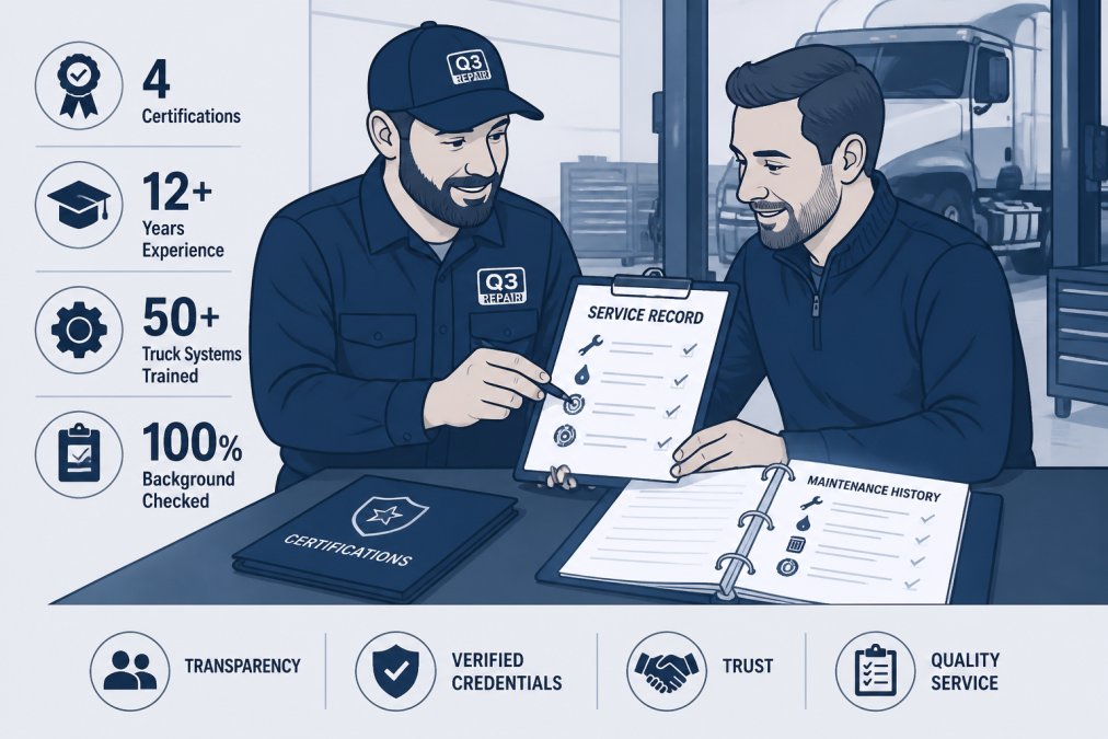 Technician and truck owner reviewing service documentation and maintenance records together in shop setting, showing transparent communication and trust-building
