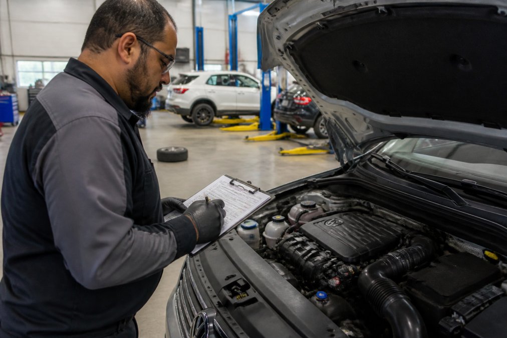Professional automotive technician performing detailed multi-point inspection on used vehicle in modern service bay with diagnostic equipment and bright overhead lighting