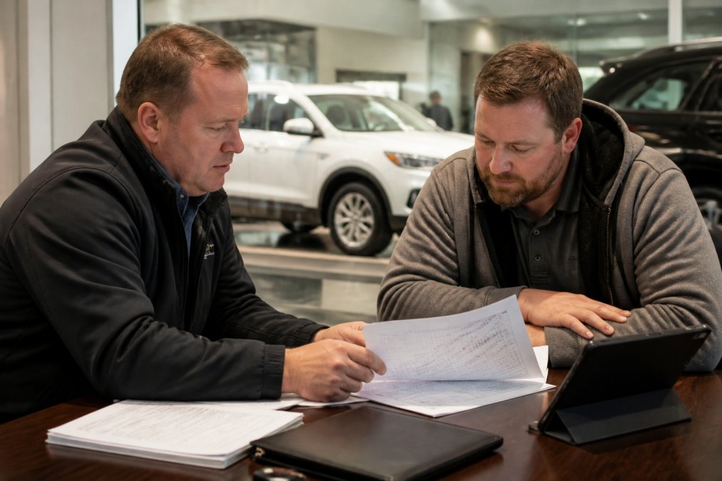Customer and sales professional reviewing detailed vehicle inspection report and checklist together at dealership desk with documentation and tablet