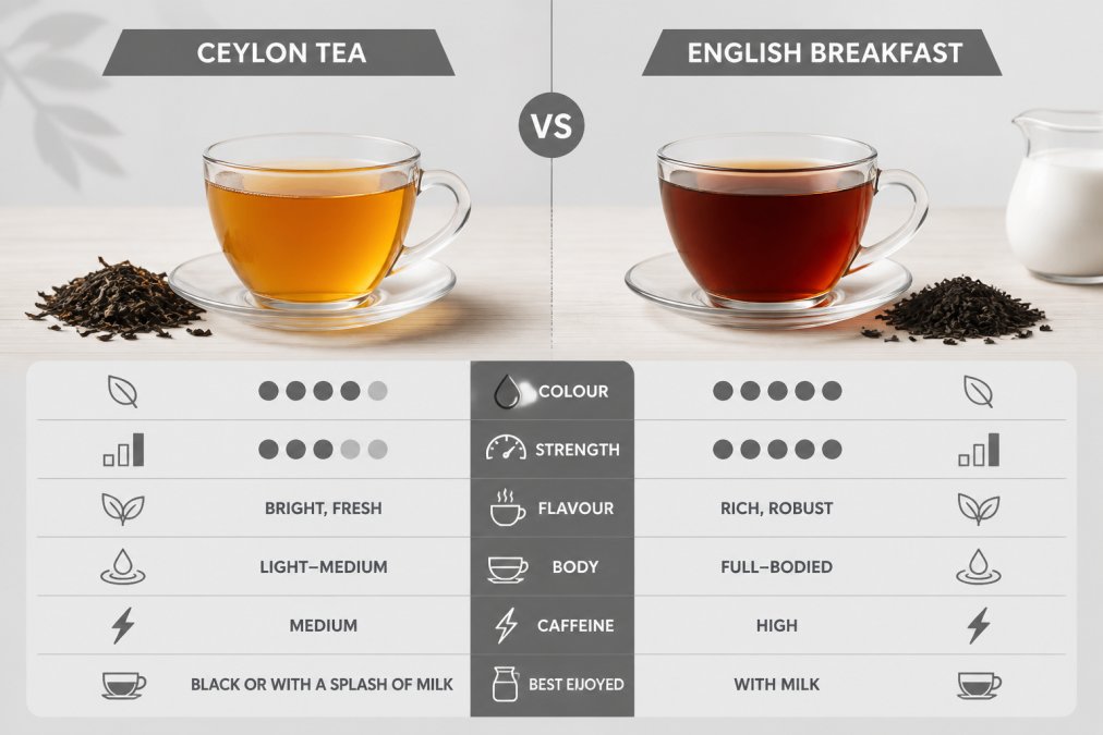 Comparison diagram showing the color and visual differences between golden Ceylon tea and dark English Breakfast.