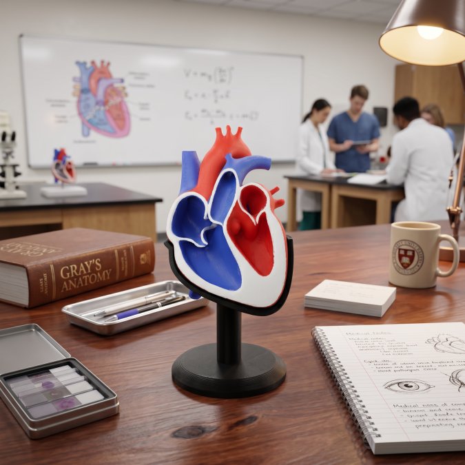 3d printed fetal heart model and stand printed in three colors