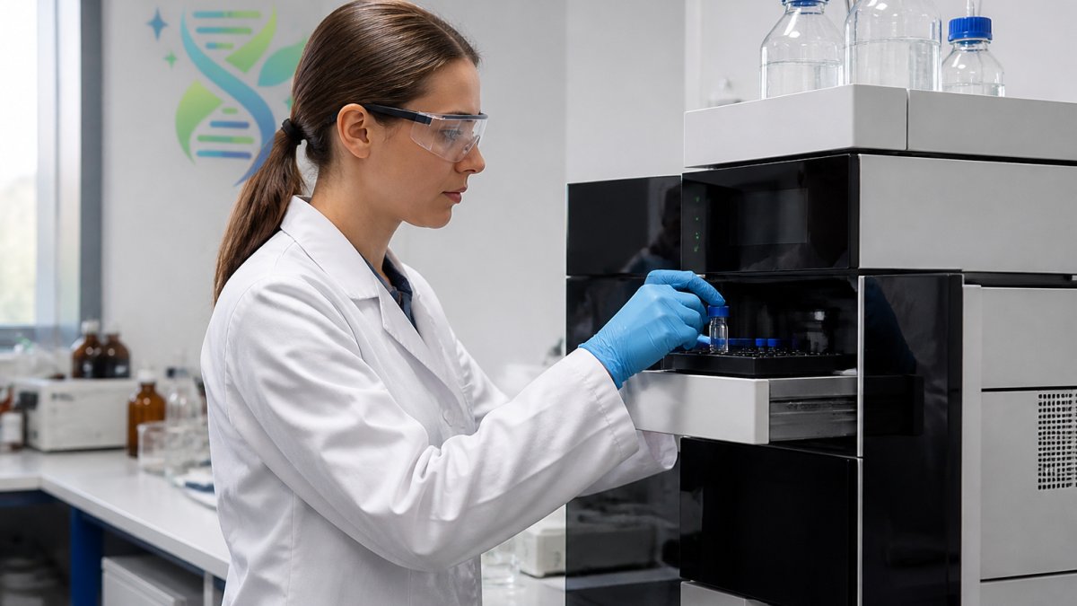 A scientist in a lab coat and safety glasses carefully loading a sample vial into an HPLC instrument in a clean, well-lit analytical laboratory