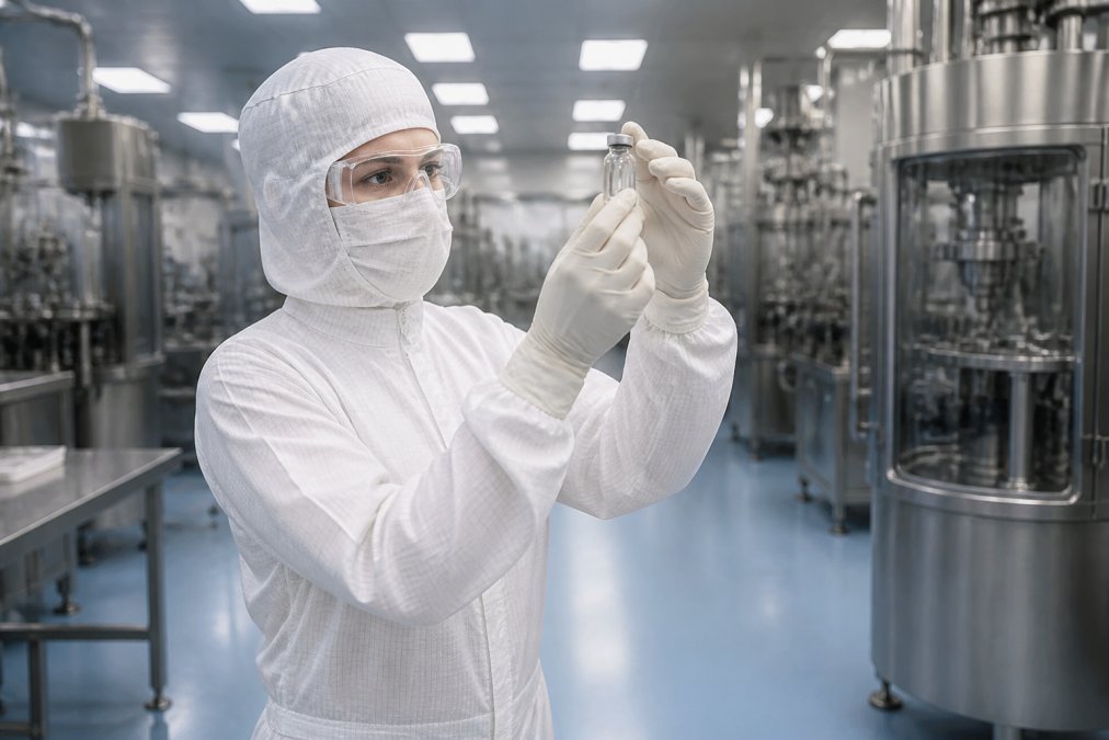 A laboratory technician in a white cleanroom suit and gloves carefully inspecting a sealed glass vial under bright overhead LED lighting inside a sterile pharmaceutical manufacturing facility with stainless steel workbenches visible in the background