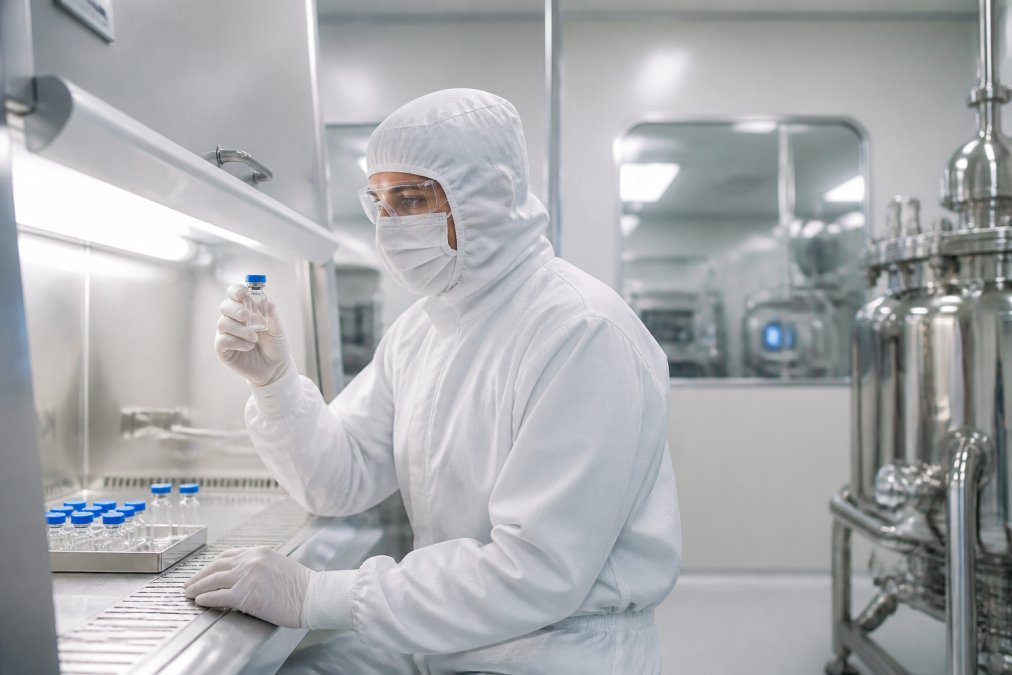Professional laboratory technician in full protective equipment examining peptide vials and analytical instruments in a modern Grade A cleanroom environment with controlled temperature and humidity monitoring displays visible on the wall