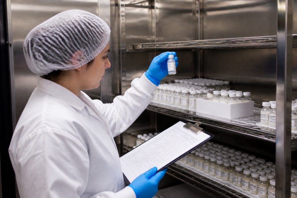 Laboratory technician carefully examining multiple labelled peptide vials and reviewing detailed batch documentation and chain-of-custody records on a clipboard in a controlled storage vault with temperature monitoring equipment