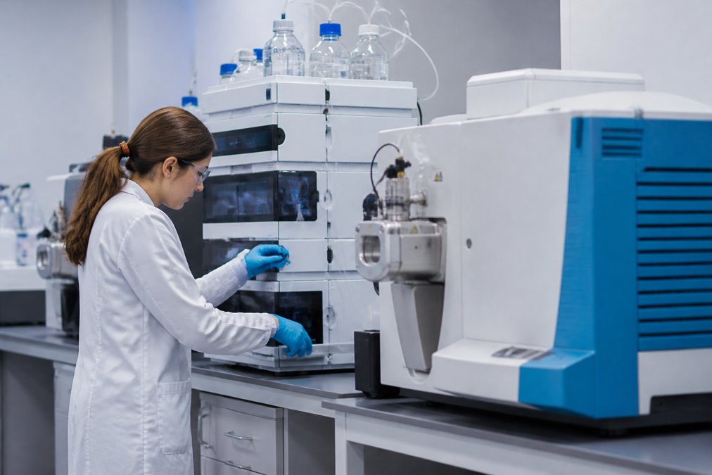 Laboratory technician operating high-performance liquid chromatography and mass spectrometry instruments, examining peptide samples under bright laboratory lighting in a modern clinical research facility