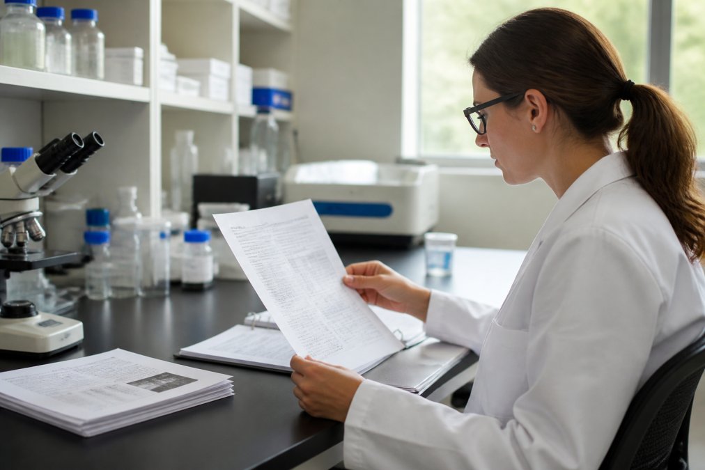 Researcher reviewing manufacturing documentation and quality certificates displayed on a computer screen in a modern laboratory environment with natural lighting
