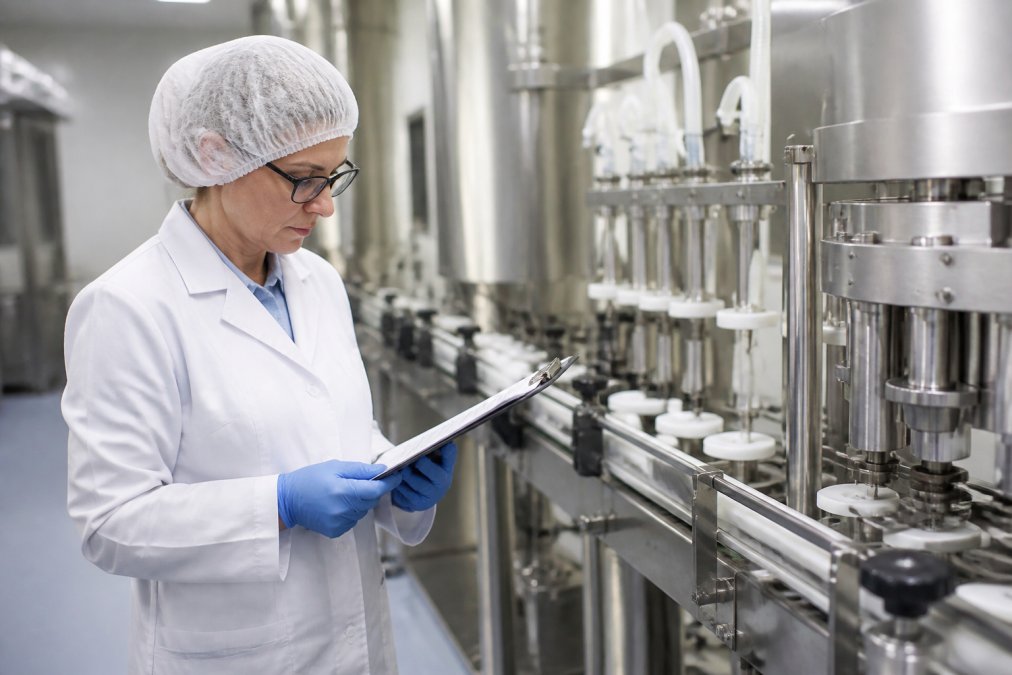 A researcher in a cleanroom lab coat and safety glasses reviewing a batch record document on a clipboard near a stainless steel manufacturing line