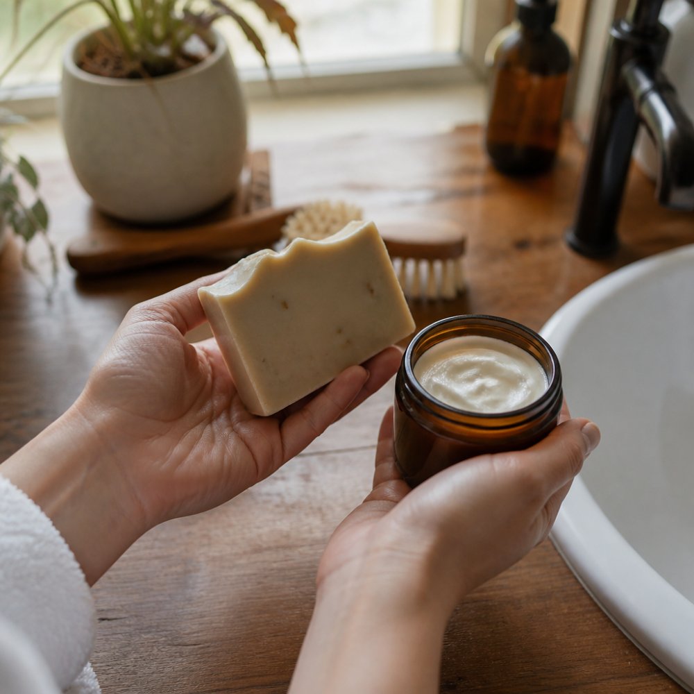 Hands holding a handcrafted soap bar and body butter as a natural chagrin valley alternative on a wooden counter