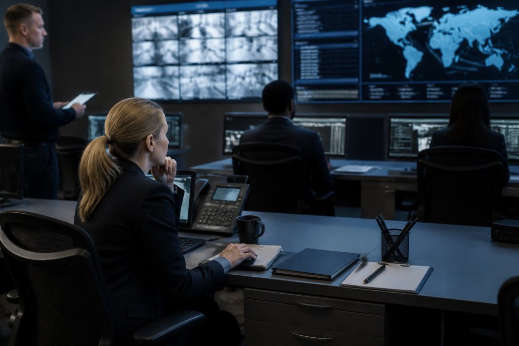 Security operations team monitoring AI agent activity on multiple screens in a control center, with dashboard alerts and threat indicators visible on bright displays, team members focused on real-time monitoring