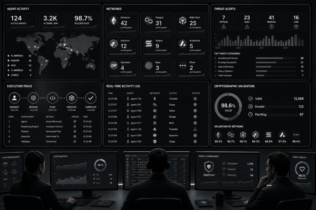 Security team in a modern control room monitoring multiple displays showing real-time agent activity logs, execution traces, and threat alerts across different blockchain networks and cloud environments, with cryptographic validation status indicators visible