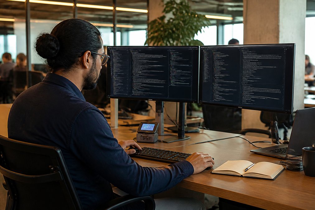 Security architect's hands working at a multi-monitor workstation displaying cryptographic validation workflows, authorization decision trees, and real-time agent request verification processes with color-coded trust scores