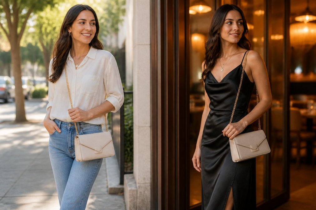 A young woman in a casual daytime outfit of jeans and a light blouse wearing a chain handle crossbody bag, shown beside the same woman in an evening dress with the same bag, natural daylight on one side and warm interior lighting on the other