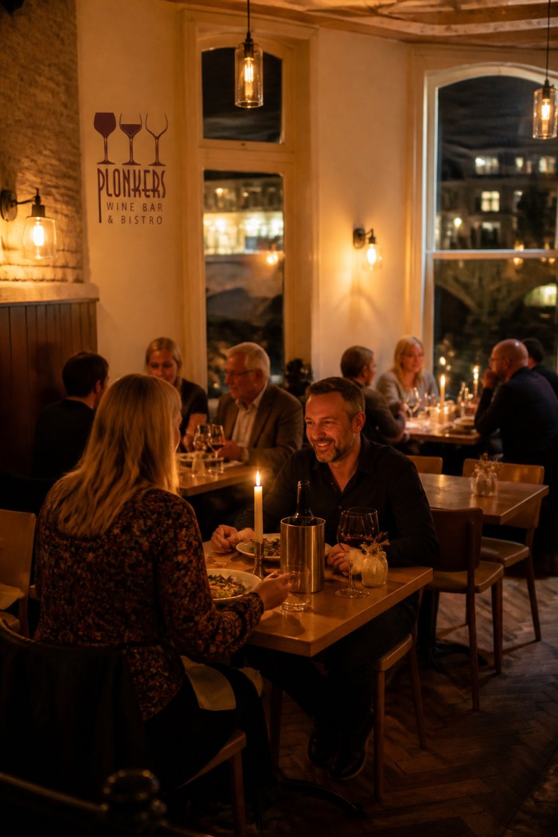 Warm interior of independent restaurant with candlelit tables, diners enjoying meals, and intimate lighting creating welcoming atmosphere