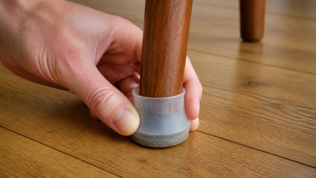 Close-up of a hand fitting a silicone and felt chair leg cap onto a wooden chair leg, with a timber floor visible underneath
