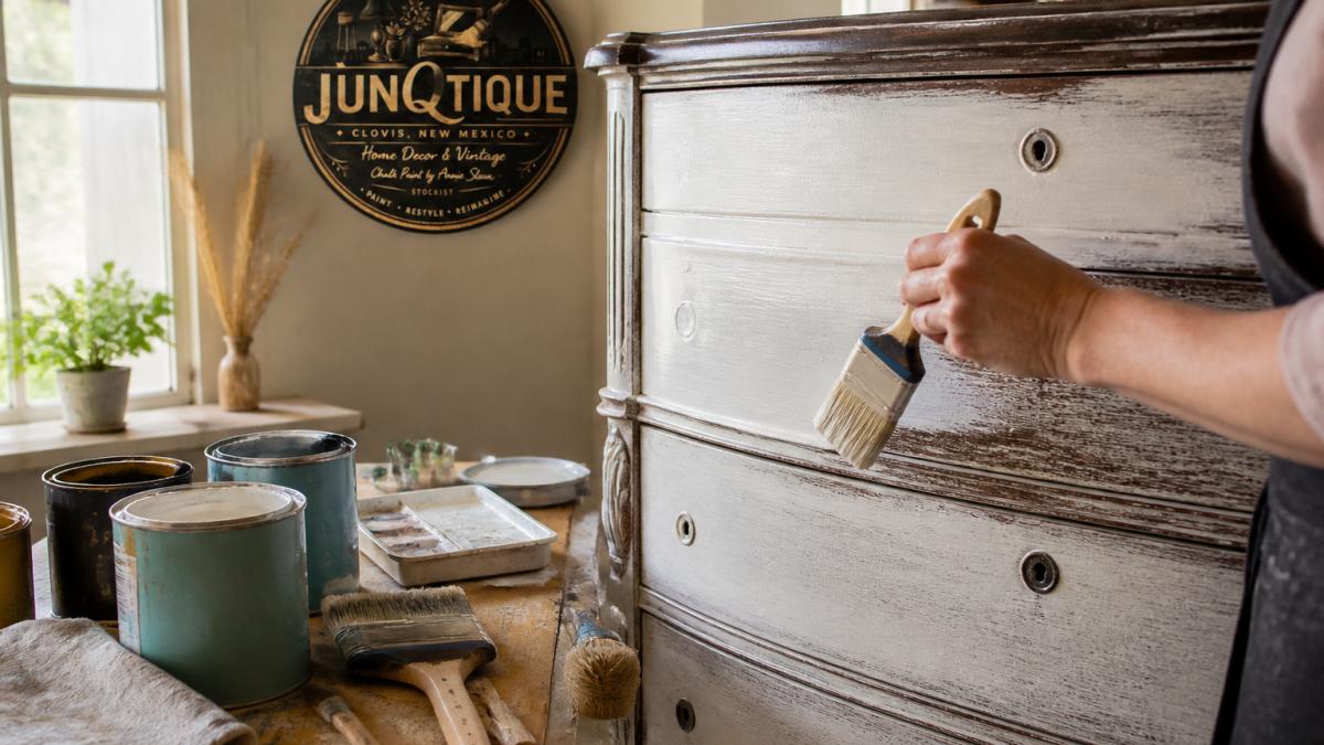 Close-up of hands applying Chalk Paint with a brush to a vintage wooden dresser in a bright, sunlit workshop, paint cans and brushes nearby