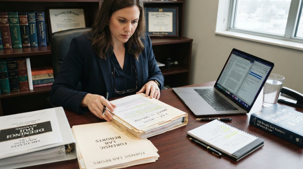 Defense attorney reviewing breath test calibration records and police documentation at desk with laptop and legal files in law office